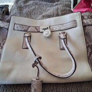 Michael Kors Cream Leather Tote with Snakeskin Trim and Silver Hardware